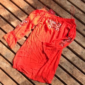 Embroidered, boat neck dress